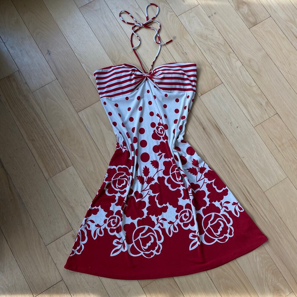 Y2K Pinup Polka Dot Floral Halter Dress Red White Retro Rose Mini Sundress USA